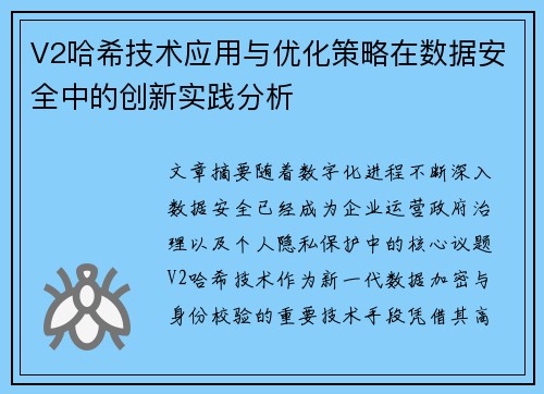 V2哈希技术应用与优化策略在数据安全中的创新实践分析 V2哈希技术应用与优化策略在数据安全中的创新实践分析