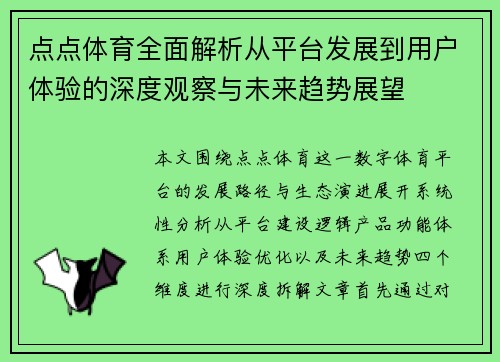 点点体育全面解析从平台发展到用户体验的深度观察与未来趋势展望