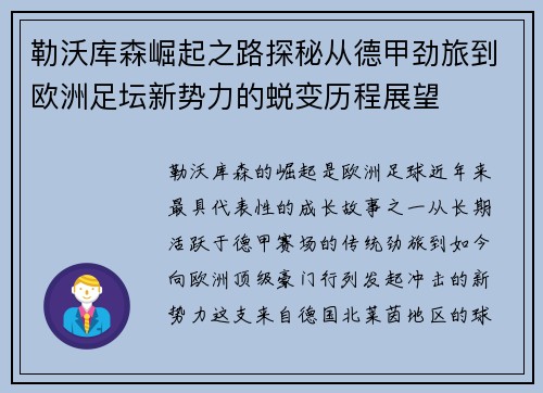 勒沃库森崛起之路探秘从德甲劲旅到欧洲足坛新势力的蜕变历程展望