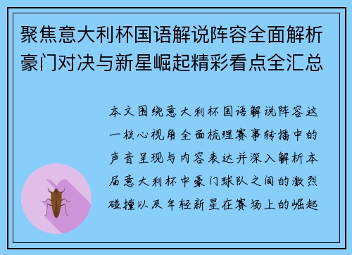 聚焦意大利杯国语解说阵容全面解析豪门对决与新星崛起精彩看点全汇总